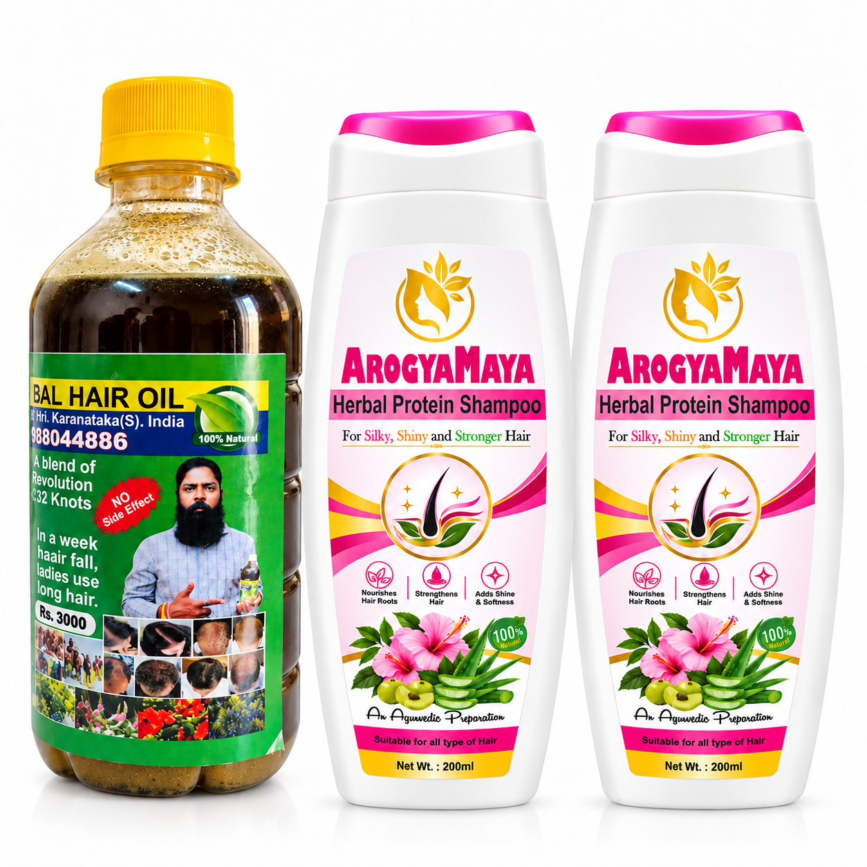 Adivasi Savanthi Herbal Hair Oil + ArogyaMaya Herbal Protein Shampoo (Pack of 1+2)